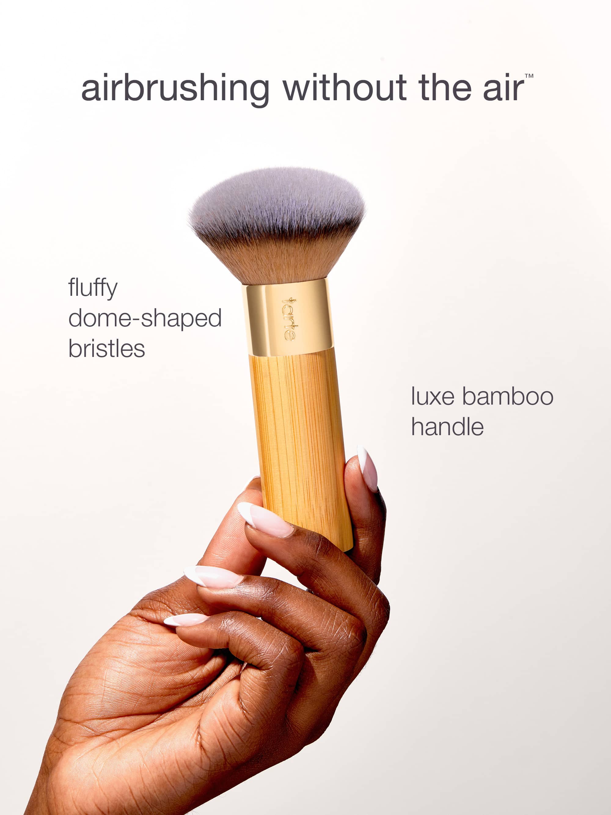 Buffer brush with fluffy dome-shaped bristles and bamboo handle